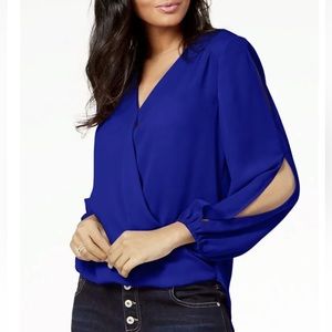 INC International Concepts Petite Split Sleeve Surplice Blouse (Blue, Size PM)